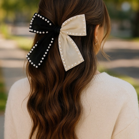 Capelli Luxe Pearl Embellished Hair Bows Set of 2 Black & Cream Hair Clip Bundle - Picture 7 of 7